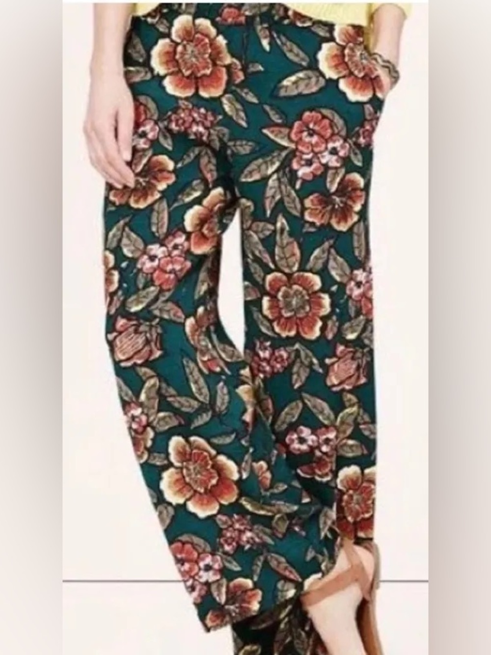LOFT Teal Floral Wide-Leg Crop Pants